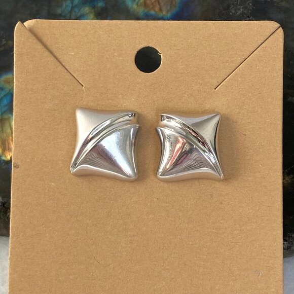 Sterling Silver 925 Modernist Style Square Grooved Post Back Stud Earrings - Picture 1 of 16